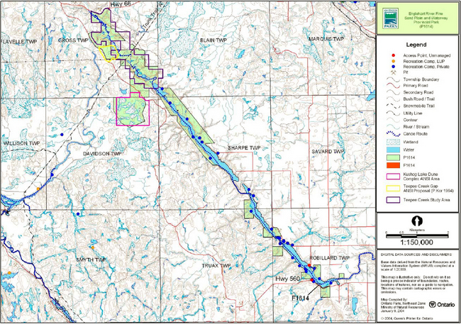 Map showing the boundary of Englehart River Fine Sand Plain and Waterway Provincial park