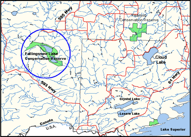 Map of Fallingsnow Lake conservation reserve showing its location in relation to its surroundings
