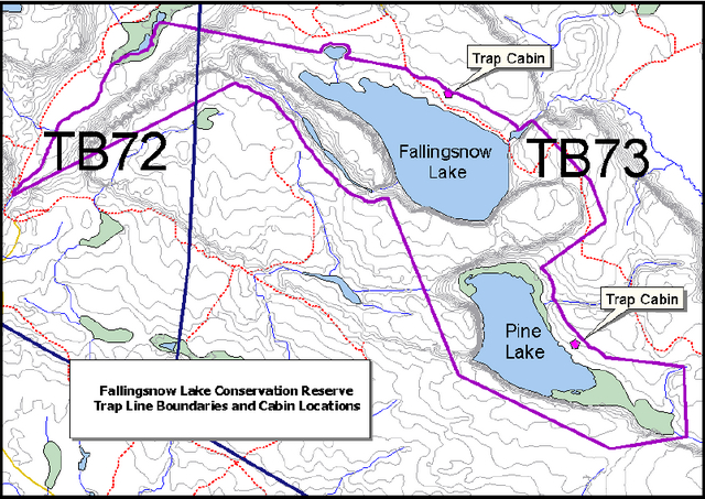 Map of Falling Lake Conservation Reserve indicating trap line boundaries and cabin locations
