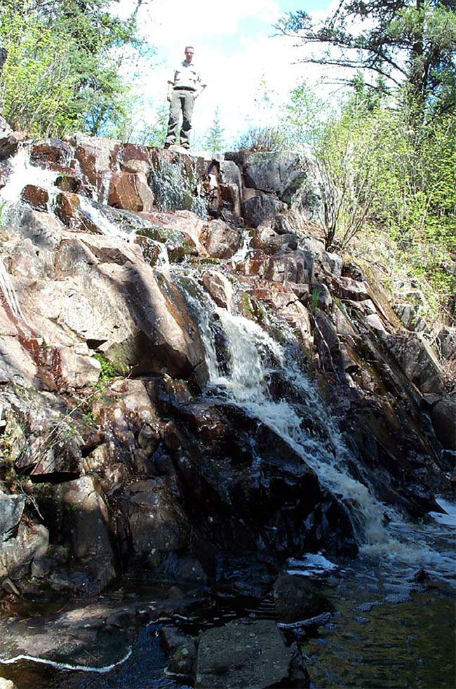 Rock cleft and falls at the outlet to the southern basin, Farrington Township Conservation Reserve.
