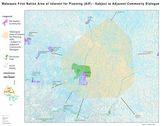 A land use planning reference map of the Webequie Community showing First Nation community areas, Webequie Area of Interest for Planning, Provincial Park areas and local roads.