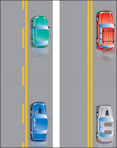véhicules circulant à côté d'une ligne jaune continue