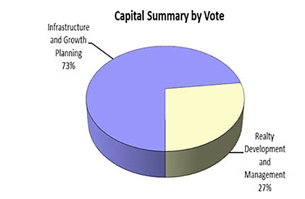 Capital summary by vote pie chart shows infrastructure and growth planning at 73% and realty development and management at 27%.
