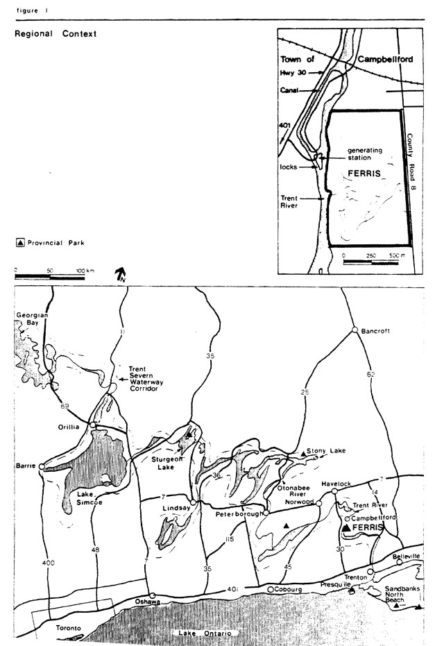 This is figure 1 - Regional context map of Ferris Provincial Park showing the location of the park in relation to Campbellford and other areas.