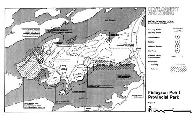 Map showing the development and zoning inside of Finlayson Provincial Park