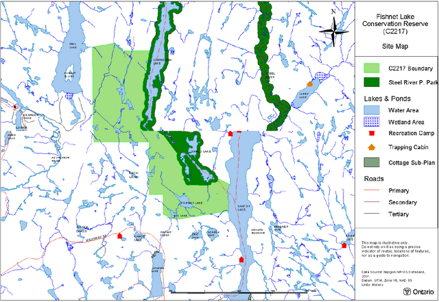 Map of showing Fishnet Lake Conservation Reserve and its boundary in relation to Steel River Provincial Park