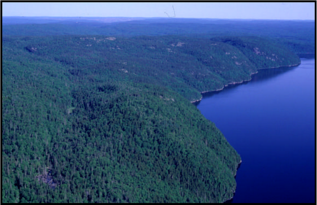 Figure 2: Terrain of the conservation reserve along the western shore of Santoy Lake. This is the landscape through which the portage winds. Photograph by Allan Harris.
