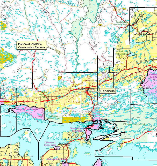This image shows the detailed map of the location of the flat creek old pine conservation reserve in relation to espanola in Ontario.