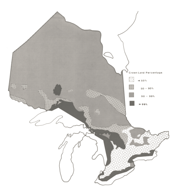 Une carte montrant les pourcentages de terres de la Couronne dans diverses régions de l’Ontario