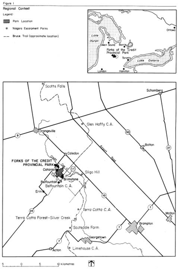 Map showing the location of Forks of the Credit Provincial Park in relation to the surrounding Region