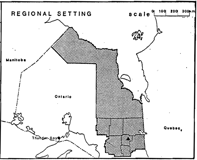 A map showing the regional setting of Frederick House Lake Provincial Park.