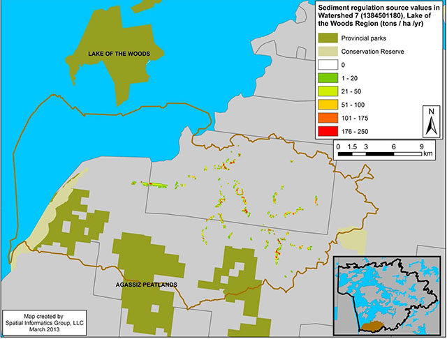 colour map of the sediment regulation source value for Watershed 7, Lake of the Woods Region.