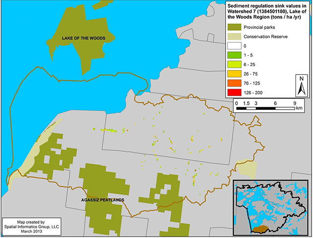 colour map of Sediment regulation sink value for Watershed 7, Lake of the Woods Region.