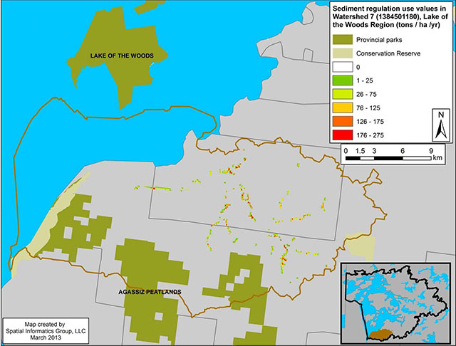 colour map of sediment regulation use value for Watershed 7, Lake of the Woods Region.