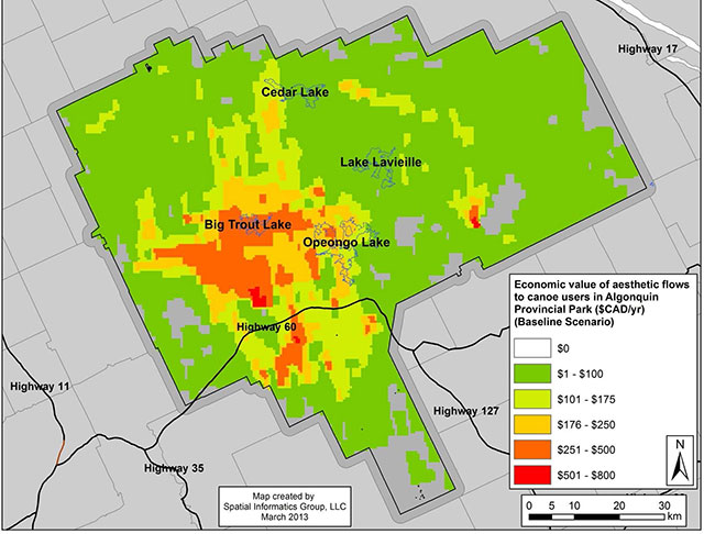 colour map of the estimated economic value of recreational viewsheds in Algonquin Provincial Park for canoe users.