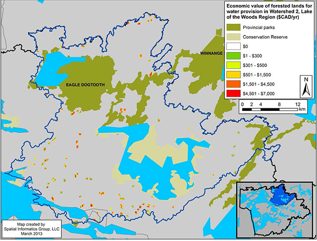 colour map of the economic value of Water Provision Potential in Watershed 2, Lake of the Woods Region.