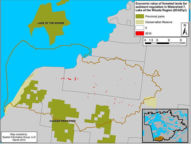colour map of the economic value of Sediment Regulation Potential in Watershed 7, Lake of the Woods Region.