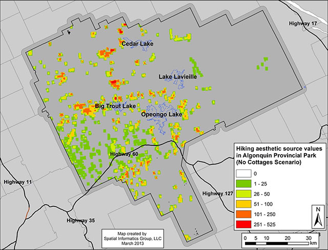 aesthetic source value map for hiking users in Algonquin Provincial Park under the No Cottages Scenario.