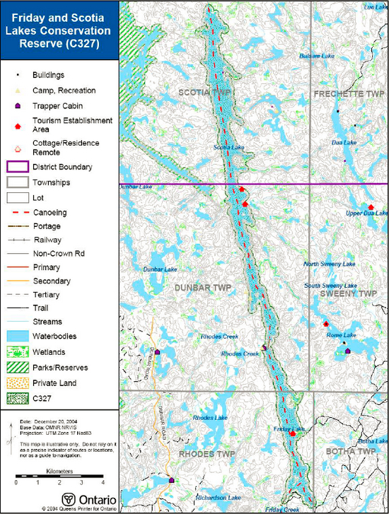 Map of Friday and Scotia Lakes Conservation Reserves showing highlisting several recreational values found on the sites