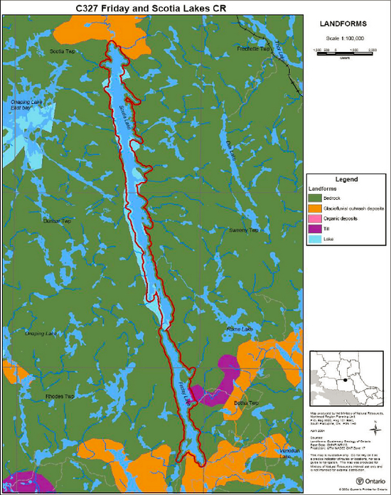 Map showing several different landforms inside of Friday and Scotia Lakes Conservation Reserves