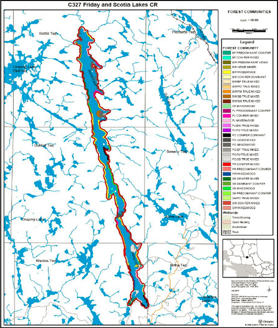 Map showing various forest communities inside of the Friday and Scotia Lakes Conservation Reserve