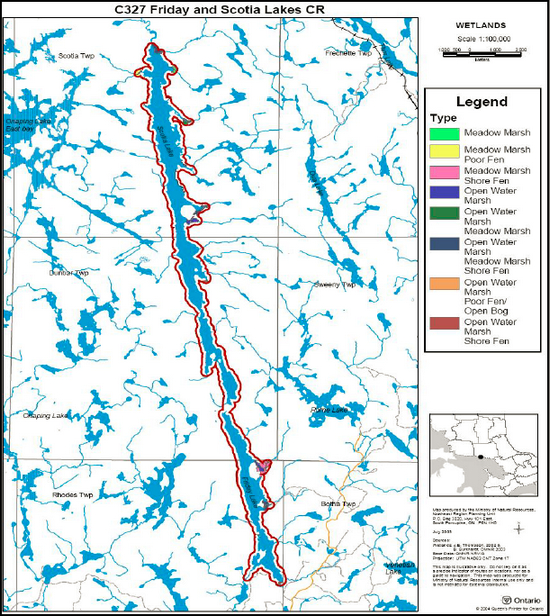 Map showing various wetland communities inside of Friday and Scotia Lakes Conservation Reserves