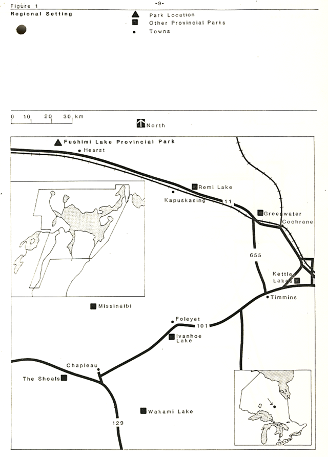 A map of the regional setting of Fushimi Lake Provincial Park