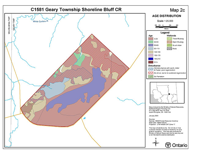 This map shows the age distribution of geary township shoreline bluff age distribution.