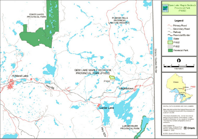 Map showing the location of Gem Lake Maple Bedrock Provincial Park in relation to the surrounding region