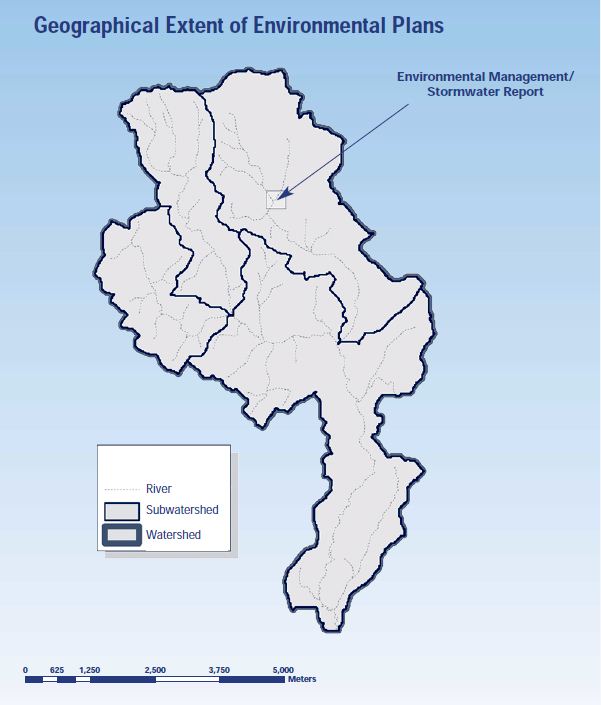 A map showing the geographical extent of environmental plans at different levels (watershed, subwatershed, and local/site-specific)