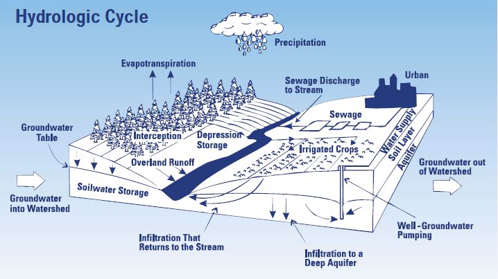 Figure 1: A diagram of the hydrologic cycle describing the continuous circulation of water between oceans, atmosphere, and land