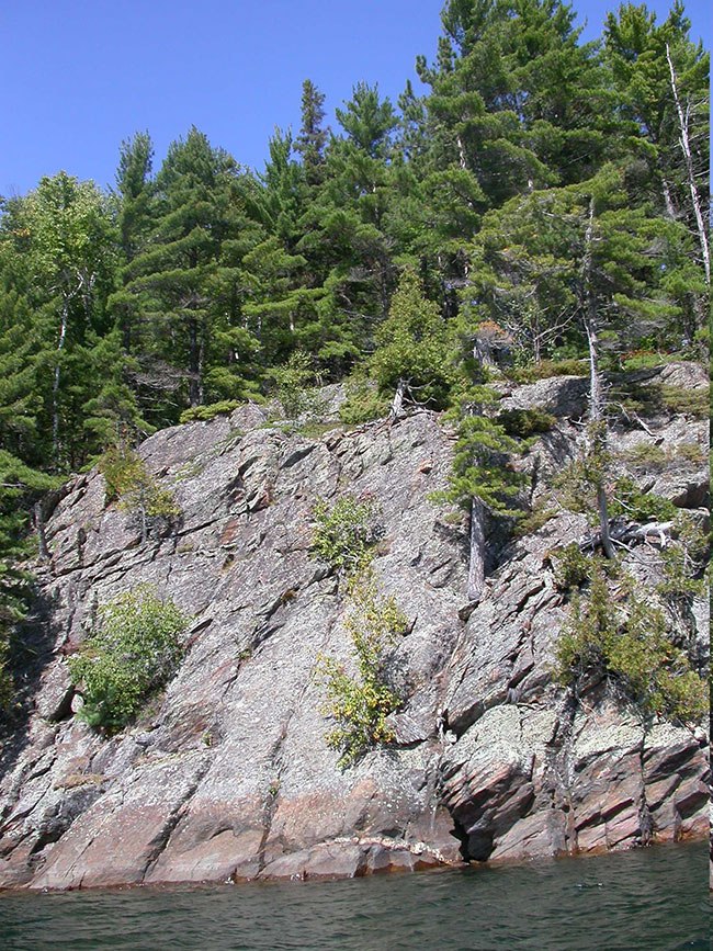 This photo shows the trees and big cliffs on whiskey lake shore.