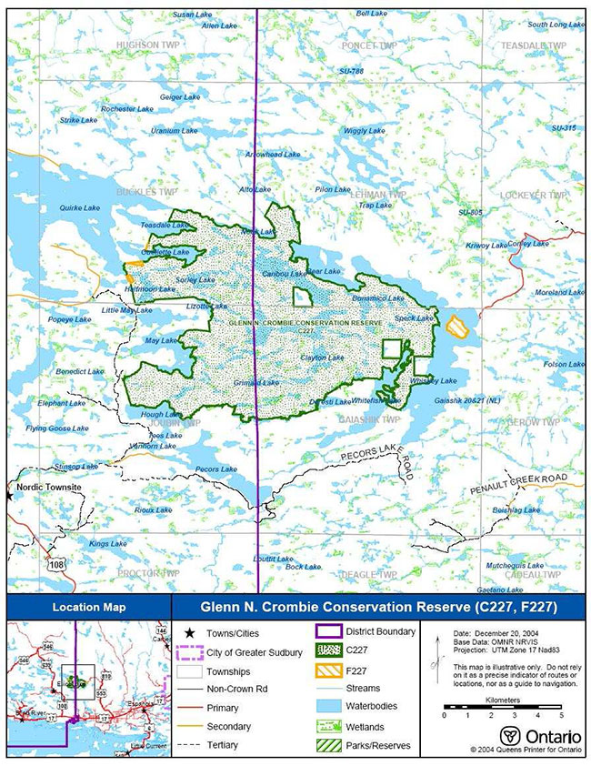 This is a location map of Glenn N. Crombie Conservation Reserve which is found near the southeast end of Quirke Lake and the western shore of Whiskey Lake. The map depiects Streams, waterbodies, wetlands, parks/reserves, townships, non-crown roads.