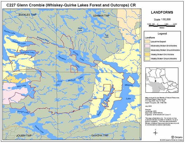 This map shows the Glen Crombie (Whiskey-Quirke Lakes Forest and Outcrops) Conservation Reserve’s landforms. The map depicts Lacustrine deposits, and variations on borken moraines.