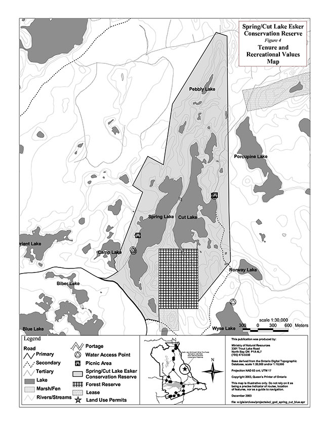 this map shows a detaild information about Spring/Cut lake Esker Conservation Reserves tenure and recreation values map .
