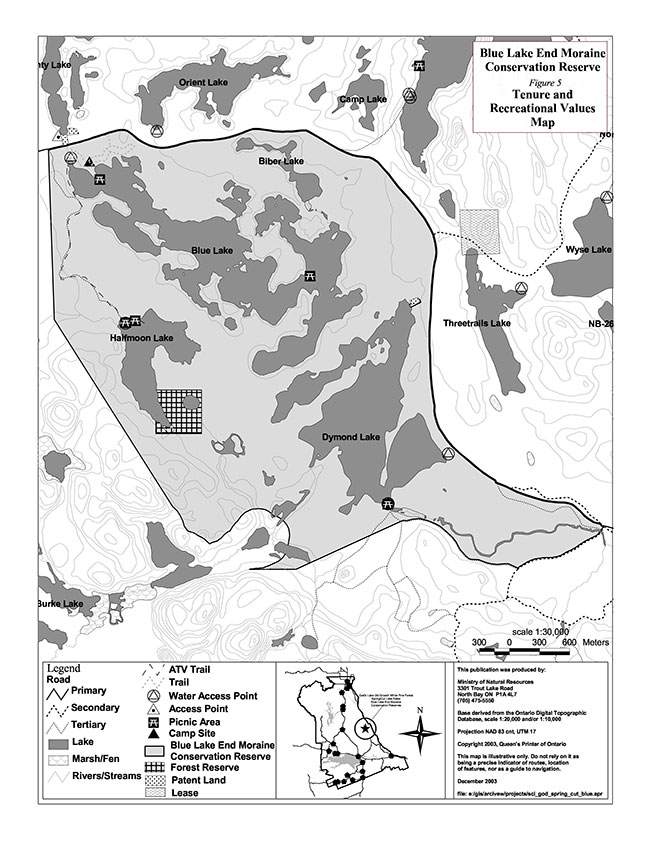 this map shows a detailed information about Blue end Moraine Conservation Reserves tenure and recreation values map.