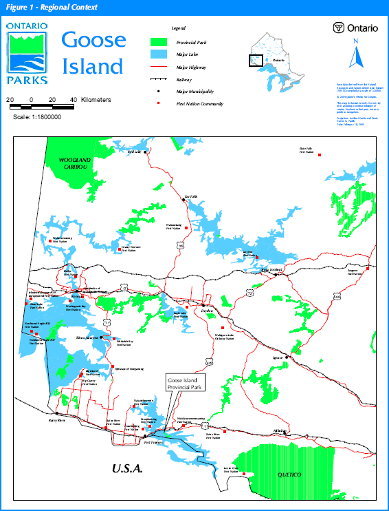 Map showing the location of Goose Island Provincial Park in relation to the surrounding region