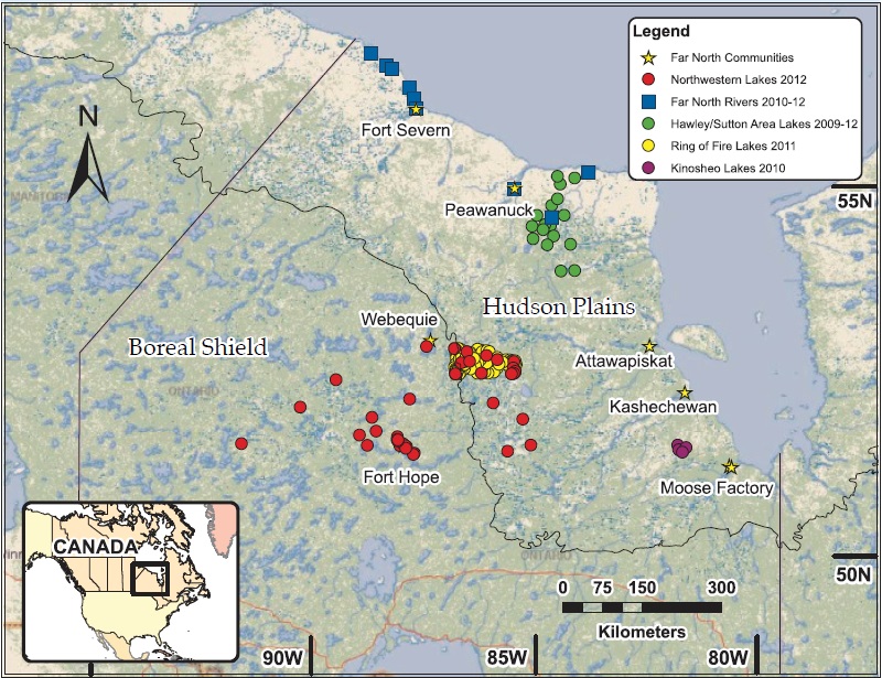 A map showing Far North lake and river sites sampled through Ministry of the Environment partnerships from 2009 to 2012.