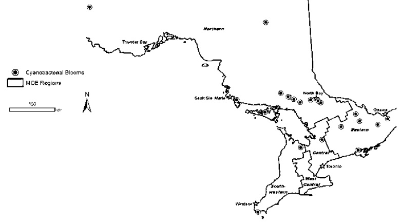 A map that shows the location of cyanobacterial blooms reported to the Ontario Ministry of the Environment and Climate Change in 2009 and the five ministry regions in Ontario, Canada (source: Winter and others, 2011, footnote reference 2).