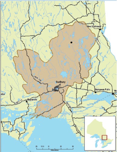 A map showing the location of the historical damage zone around the city of Sudbury, Ontario.