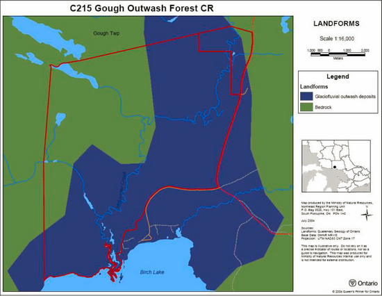 Map showing two types of landorms, glaciofuvial outwash deposits and bedrock, inside of Gough Outwash Forest Conservation Reserve