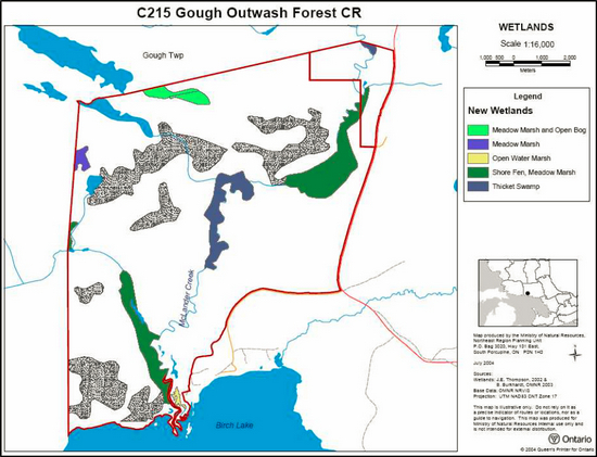 Map showing the various wetlands within Gough Outwash Forest Conservation Reserve