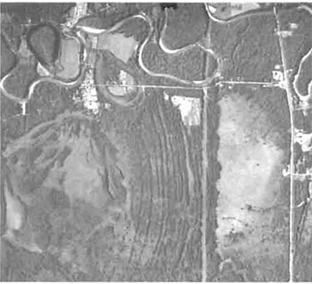 A detailed aerial photo taken in 1994 showing beach ridges west of powerlines. the Goilais river snakes across the top and the Goulais bay is off the left side of the photo.