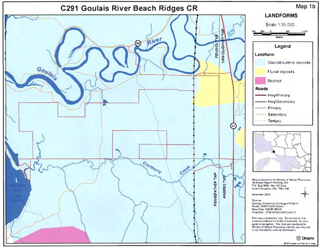 this photo shows a detailed map of surficial geology of Goulais river beach ridges conservation reserve.