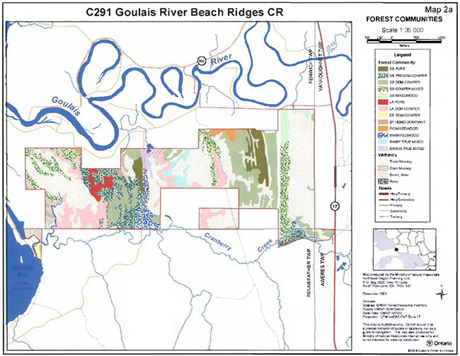 This photo shows a detailed map about forest communities in Goulais river beach ridges conservation reserve.