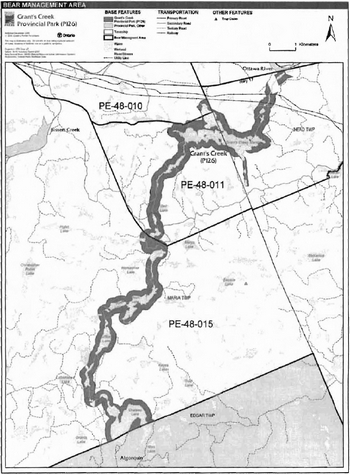 Map indicating where the bear management areas are in Grant’s Creek Provincial Park