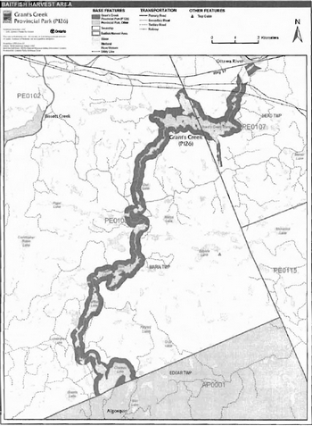 Map of Grant’s Creek Provincial Park indicating the baitfish harvesting areas