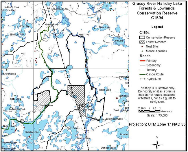 This photo shows a detailed map of Grassy River Halliday Lake Forests & Lowlands Conservation Reserve planning area.