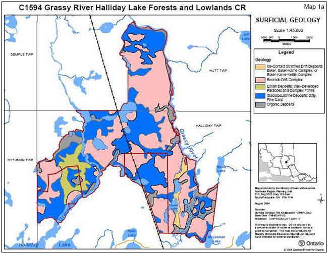 This map shows the surficial geology in grassy river.