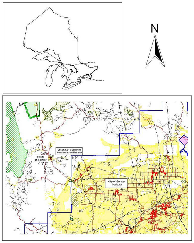 This photo illustrates two maps, one the inset of Ontario showing location of sudbury, and the larger one location of Green Lake old pine conservation reserve in relation to sudbury.